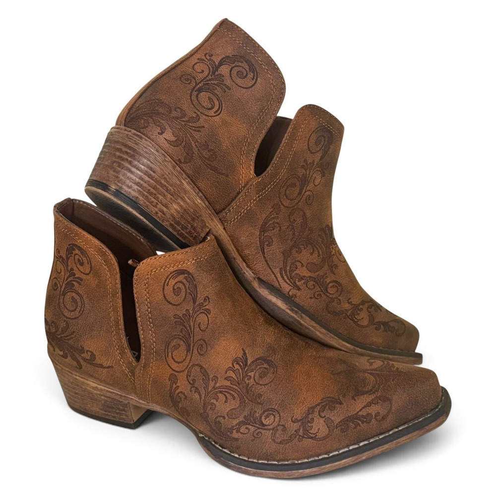 Roper Ava Western Booties Womens Brown Tooled Floral Snip Toe Cowboy Boots 9.5